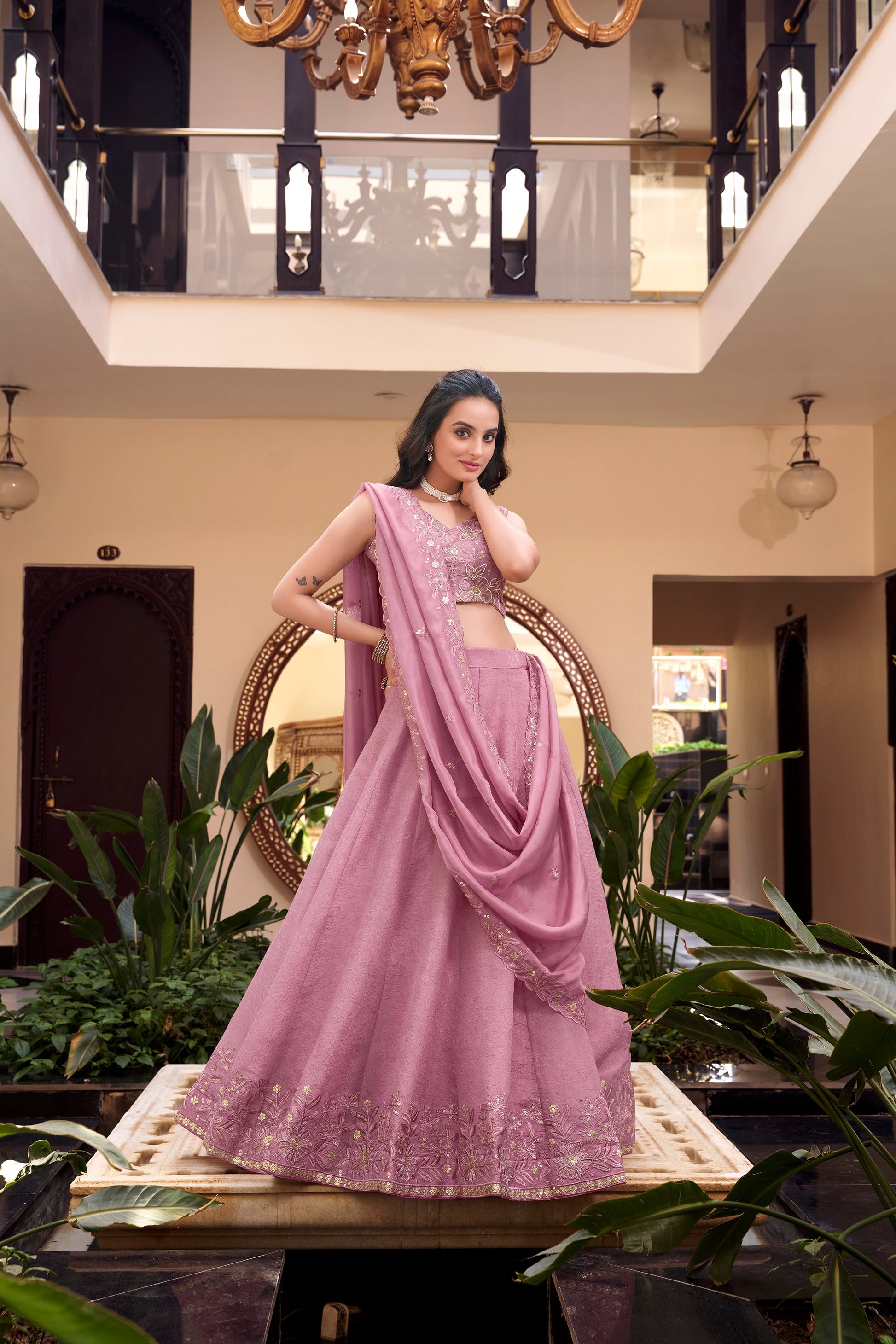 Lorenvalley Purple Vichitra Silk Embellishment With Pearl Coding And Sequins Embroidery Work Lehenga Choli with Dupatta | Swadesiicart