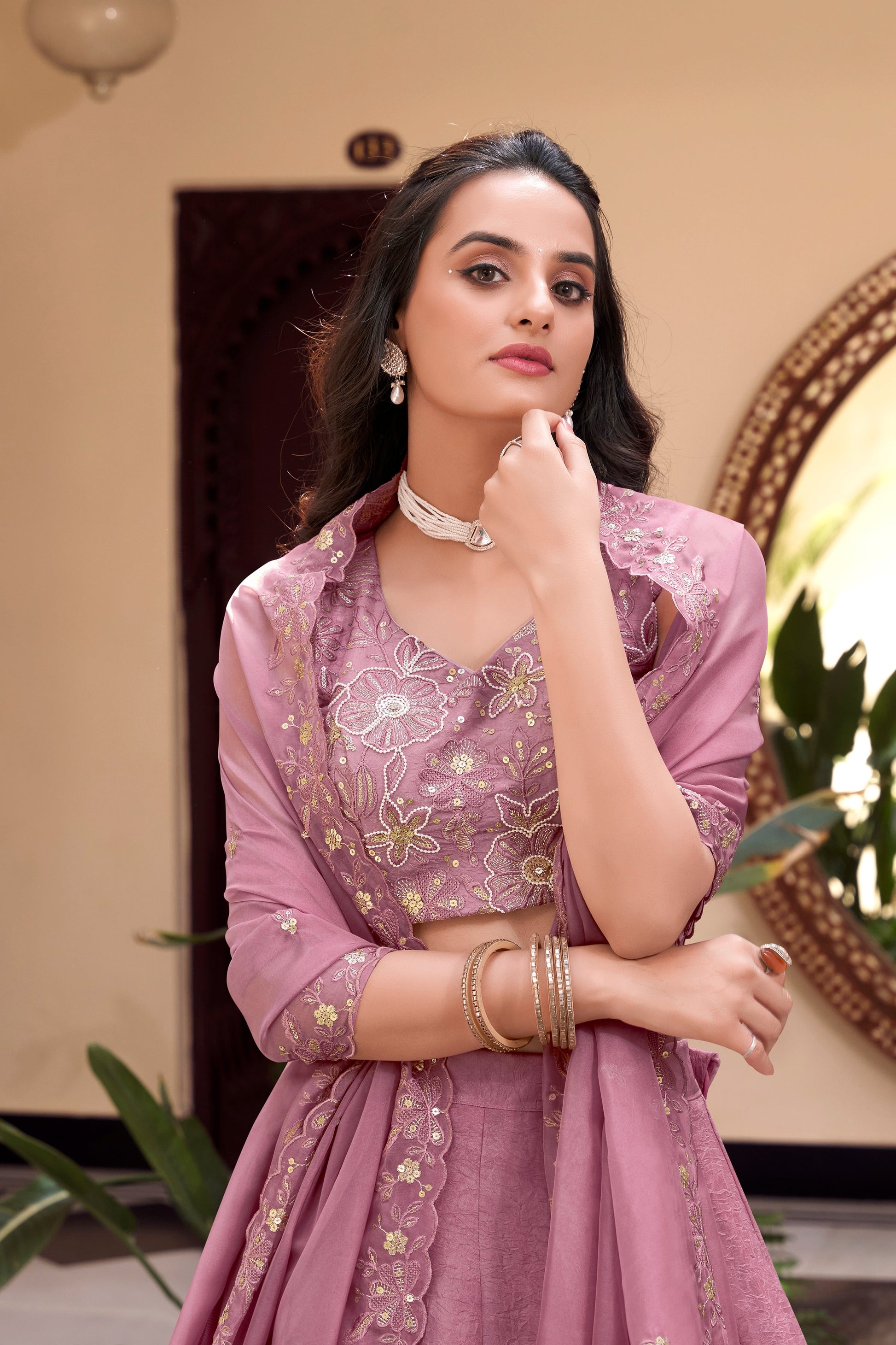 Lorenvalley Purple Vichitra Silk Embellishment With Pearl Coding And Sequins Embroidery Work Lehenga Choli with Dupatta | Swadesiicart