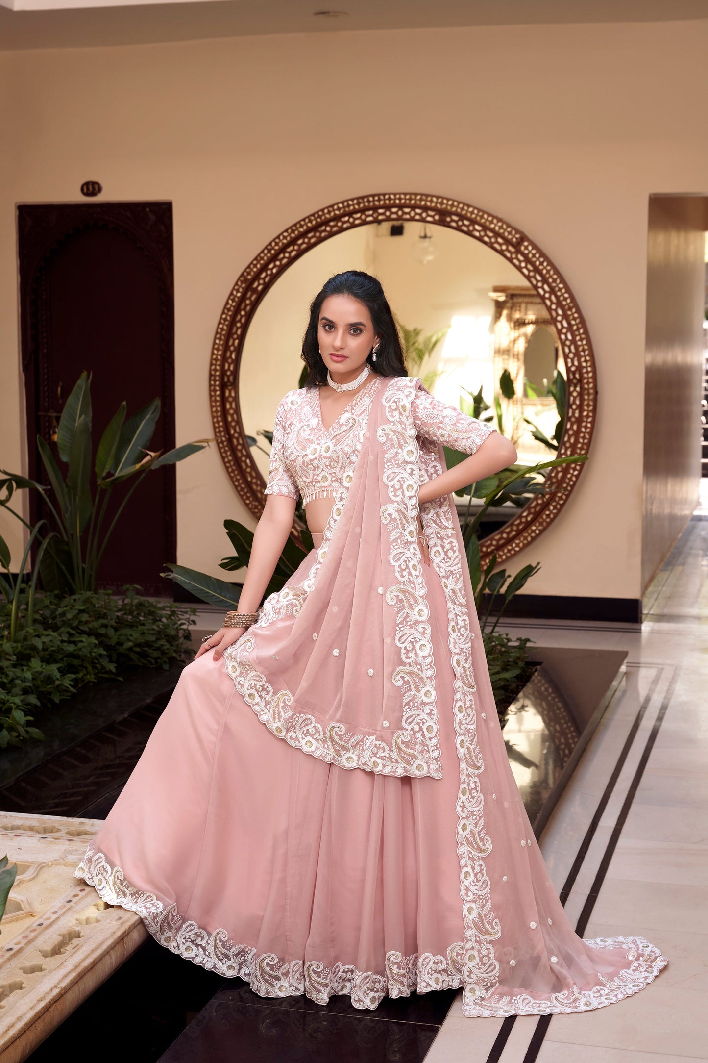 Lorenvalley Peach Weone Silk Embellishment With Pearl Coding And Sequins Embroidery Work Lehenga Choli with Dupatta | Swadesiicart