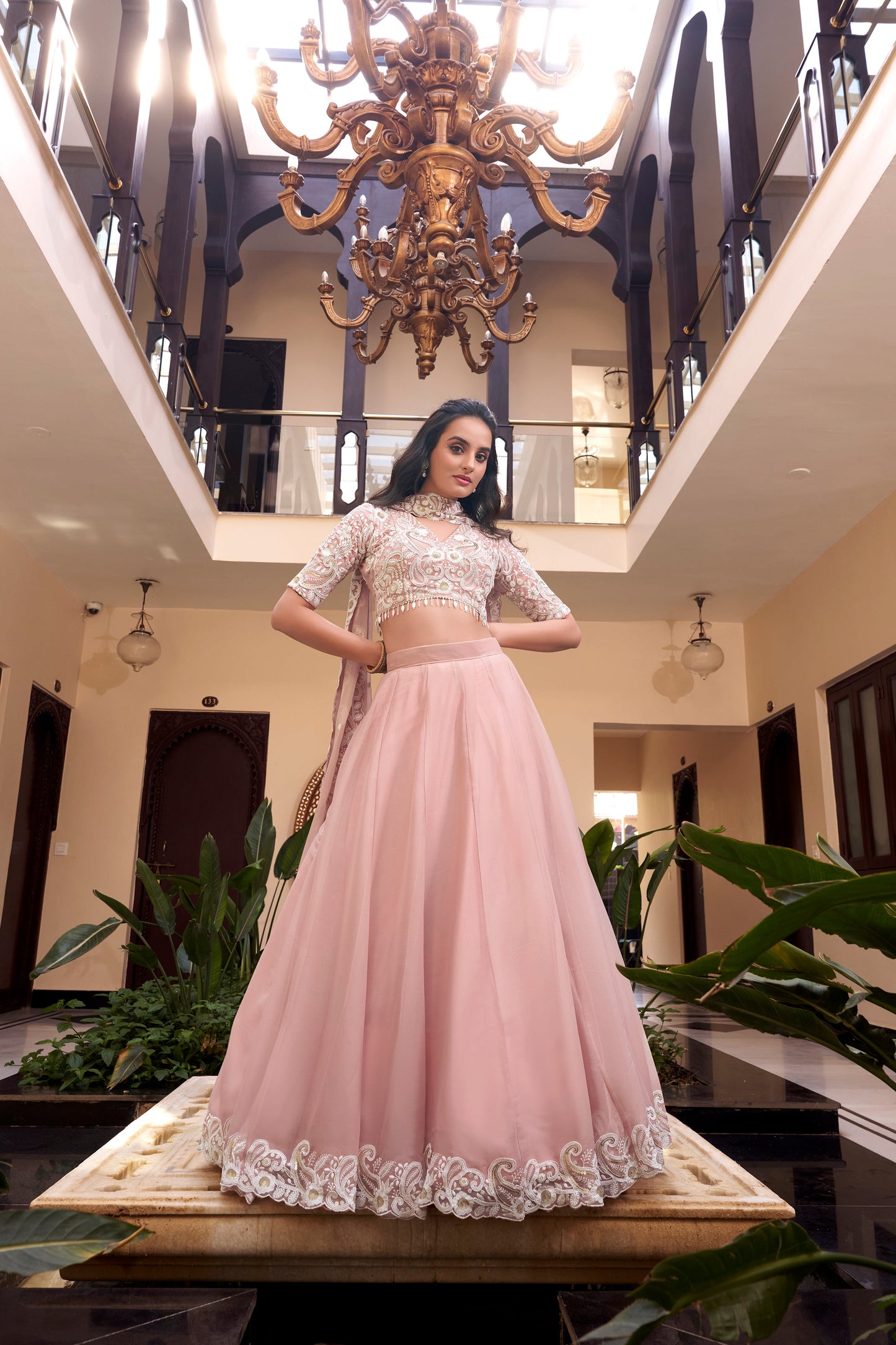 Lorenvalley Peach Weone Silk Embellishment With Pearl Coding And Sequins Embroidery Work Lehenga Choli with Dupatta | Swadesiicart