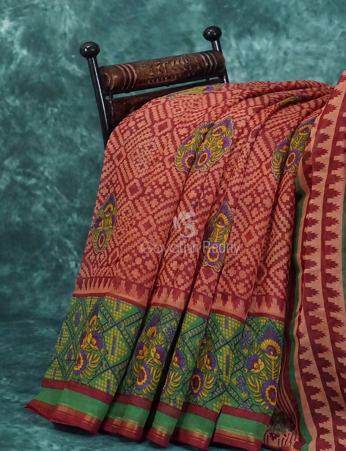 Mix of Orange and Teracotta Red Printed Semi Chanderi Saree By Gayathri Reddy Designer Studio | Swadesiicart
