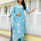 Vaasva Women Blue Kota Doria Embroidered Solid Kurta Set With Solid Pants & Printed Dupatta | Swadesiicart