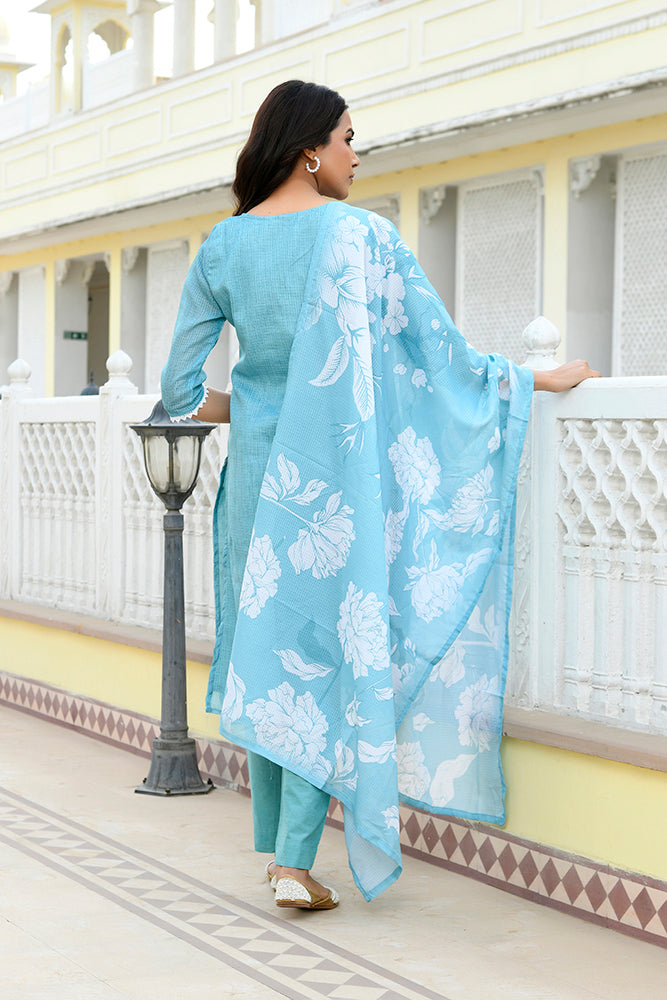 Vaasva Women Blue Kota Doria Embroidered Solid Kurta Set With Solid Pants & Printed Dupatta | Swadesiicart