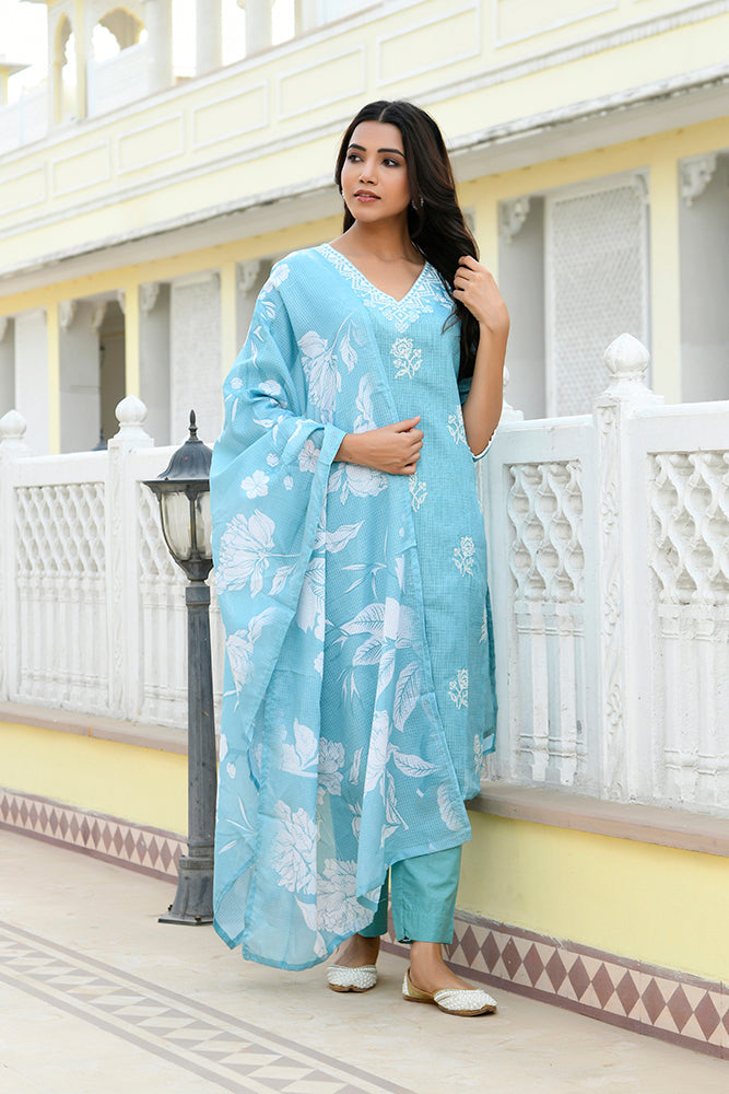 Vaasva Women Blue Kota Doria Embroidered Solid Kurta Set With Solid Pants & Printed Dupatta | Swadesiicart