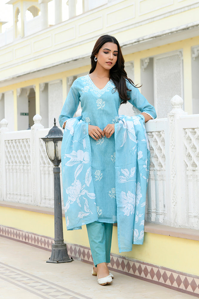 Vaasva Women Blue Kota Doria Embroidered Solid Kurta Set With Solid Pants & Printed Dupatta | Swadesiicart