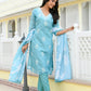 Vaasva Women Blue Kota Doria Embroidered Solid Kurta Set With Solid Pants & Printed Dupatta | Swadesiicart