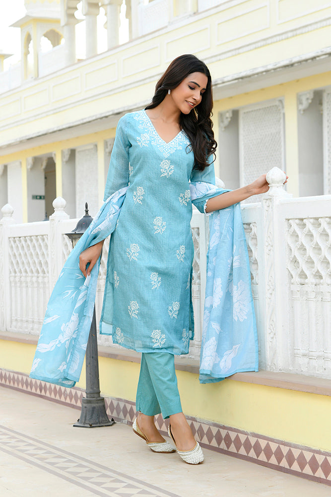 Vaasva Women Blue Kota Doria Embroidered Solid Kurta Set With Solid Pants & Printed Dupatta | Swadesiicart
