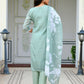 Vaasva Women Green Kota Doria Embroidered Solid Kurta Set With Solid Pants & Printed Dupatta | Swadesiicart