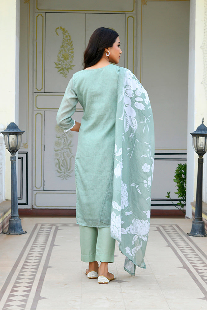 Vaasva Women Green Kota Doria Embroidered Solid Kurta Set With Solid Pants & Printed Dupatta | Swadesiicart