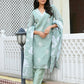 Vaasva Women Green Kota Doria Embroidered Solid Kurta Set With Solid Pants & Printed Dupatta | Swadesiicart