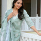 Vaasva Women Green Kota Doria Embroidered Solid Kurta Set With Solid Pants & Printed Dupatta | Swadesiicart