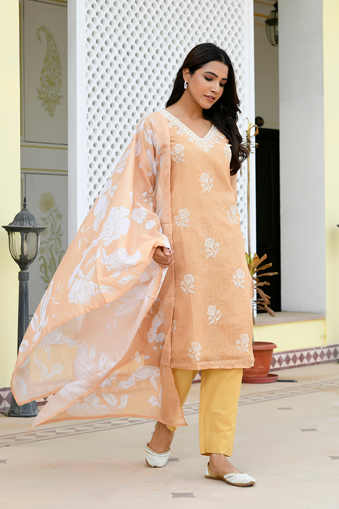 Vaasva Women Mustard Kota Doria Embroidered Solid Kurta Set With Solid Pants & Printed Dupatta | Swadesiicart