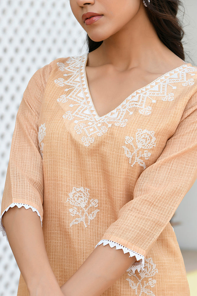 Vaasva Women Mustard Kota Doria Embroidered Solid Kurta Set With Solid Pants & Printed Dupatta | Swadesiicart
