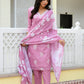 Vaasva Women Pink Kota Doria Embroidered Solid Kurta Set With Solid Pants & Printed Dupatta | Swadesiicart