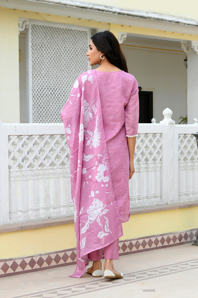 Vaasva Women Pink Kota Doria Embroidered Solid Kurta Set With Solid Pants & Printed Dupatta | Swadesiicart
