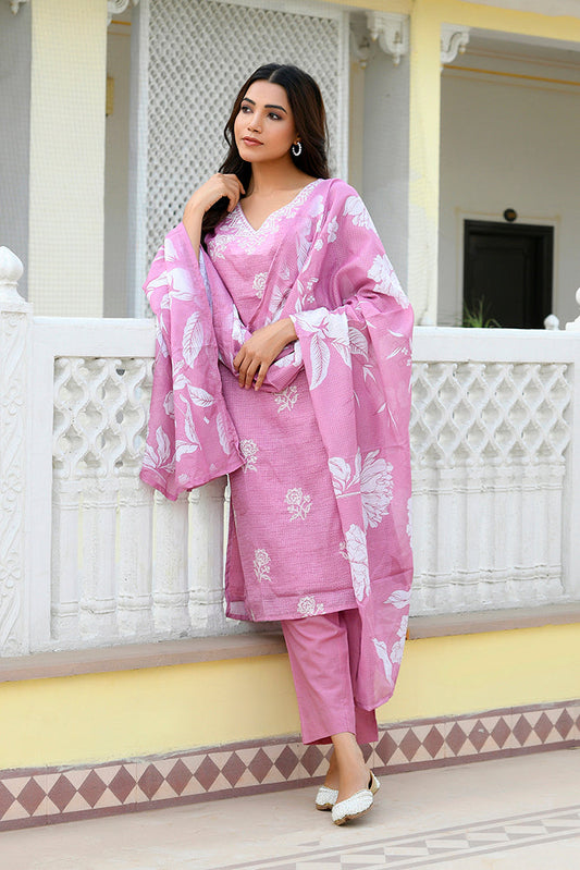 Vaasva Women Pink Kota Doria Embroidered Solid Kurta Set With Solid Pants & Printed Dupatta | Swadesiicart
