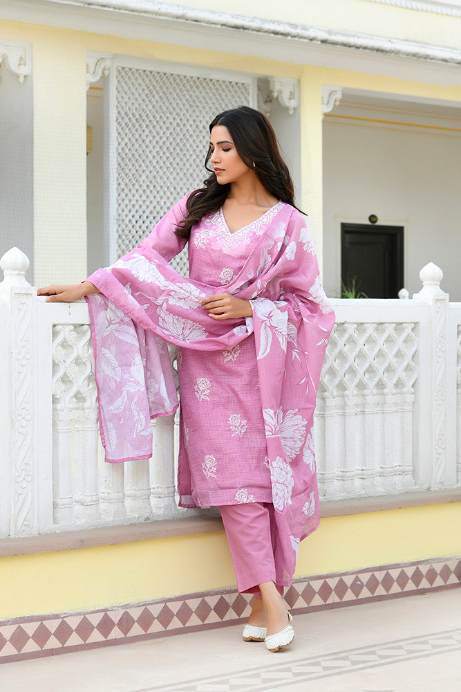 Vaasva Women Pink Kota Doria Embroidered Solid Kurta Set With Solid Pants & Printed Dupatta | Swadesiicart