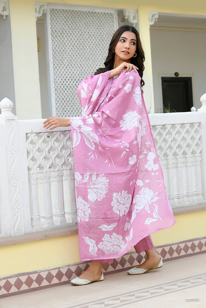 Vaasva Women Pink Kota Doria Embroidered Solid Kurta Set With Solid Pants & Printed Dupatta | Swadesiicart