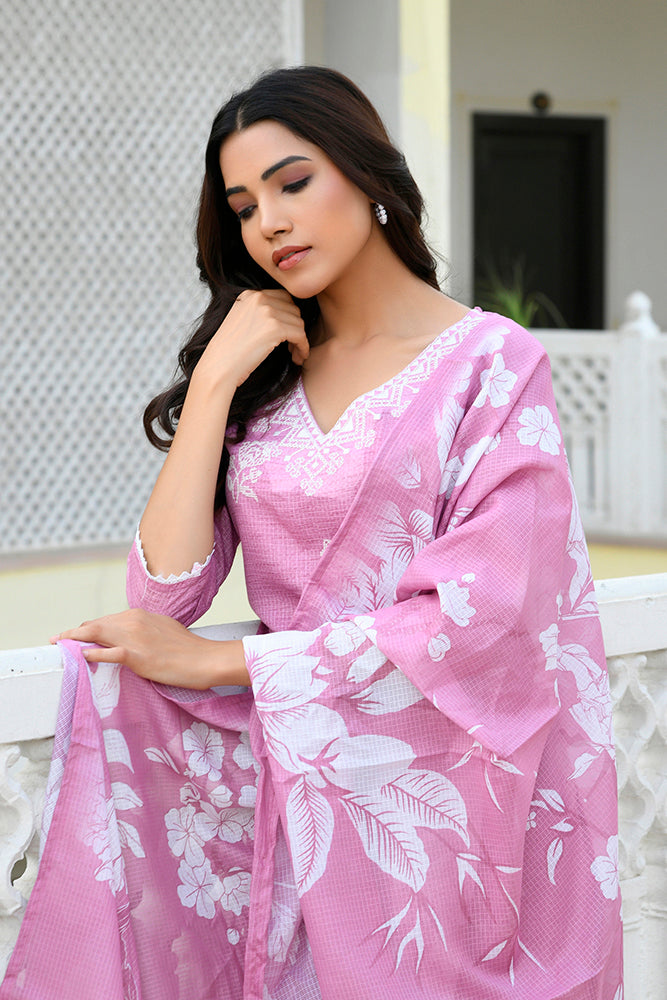 Vaasva Women Pink Kota Doria Embroidered Solid Kurta Set With Solid Pants & Printed Dupatta | Swadesiicart