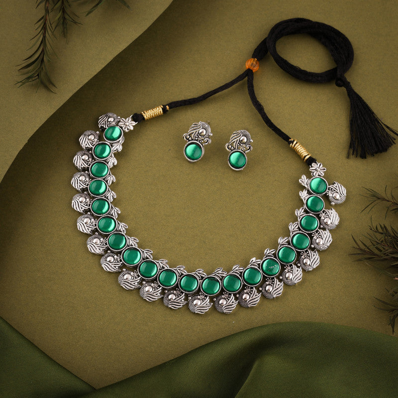 Tehzeeb Creations Silver Plated Green Colour Stone Jewellery Choker Necklace Set With Matching Pair of Stud Earrings - Swadesiicart