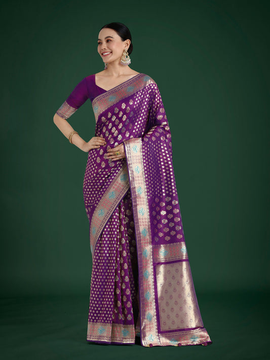 Monjolika Fashion Purple Colour Banarasi Silk Zari Weaving Classic Saree | Swadesiicart