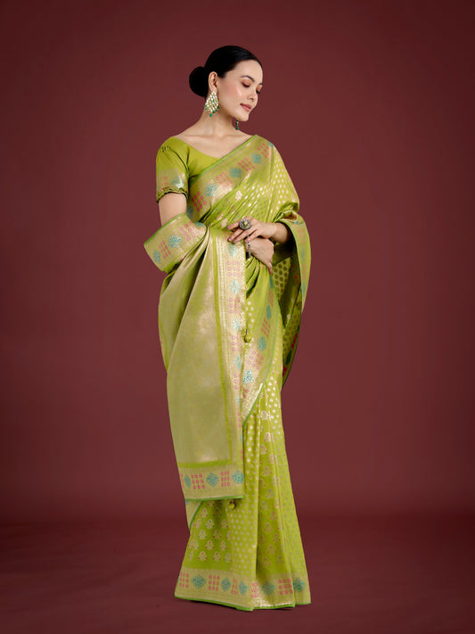 Monjolika Fashion Lime Green Colour Banarasi Silk Zari Weaving Classic Saree | Swadesiicart