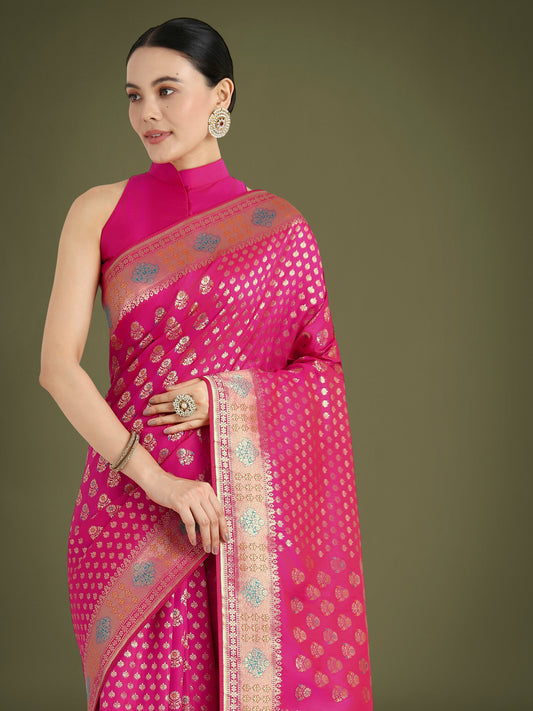 Monjolika Fashion Rani Pink Colour Banarasi Silk Zari Weaving Classic Saree | Swadesiicart
