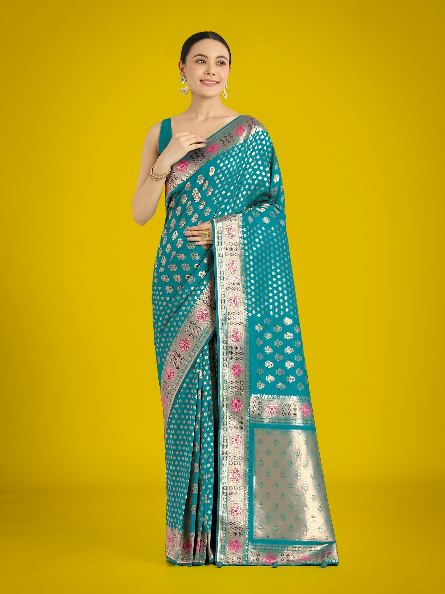 Monjolika Fashion Cyan blue Colour Banarasi Silk Zari Weaving Classic Saree | Swadesiicart
