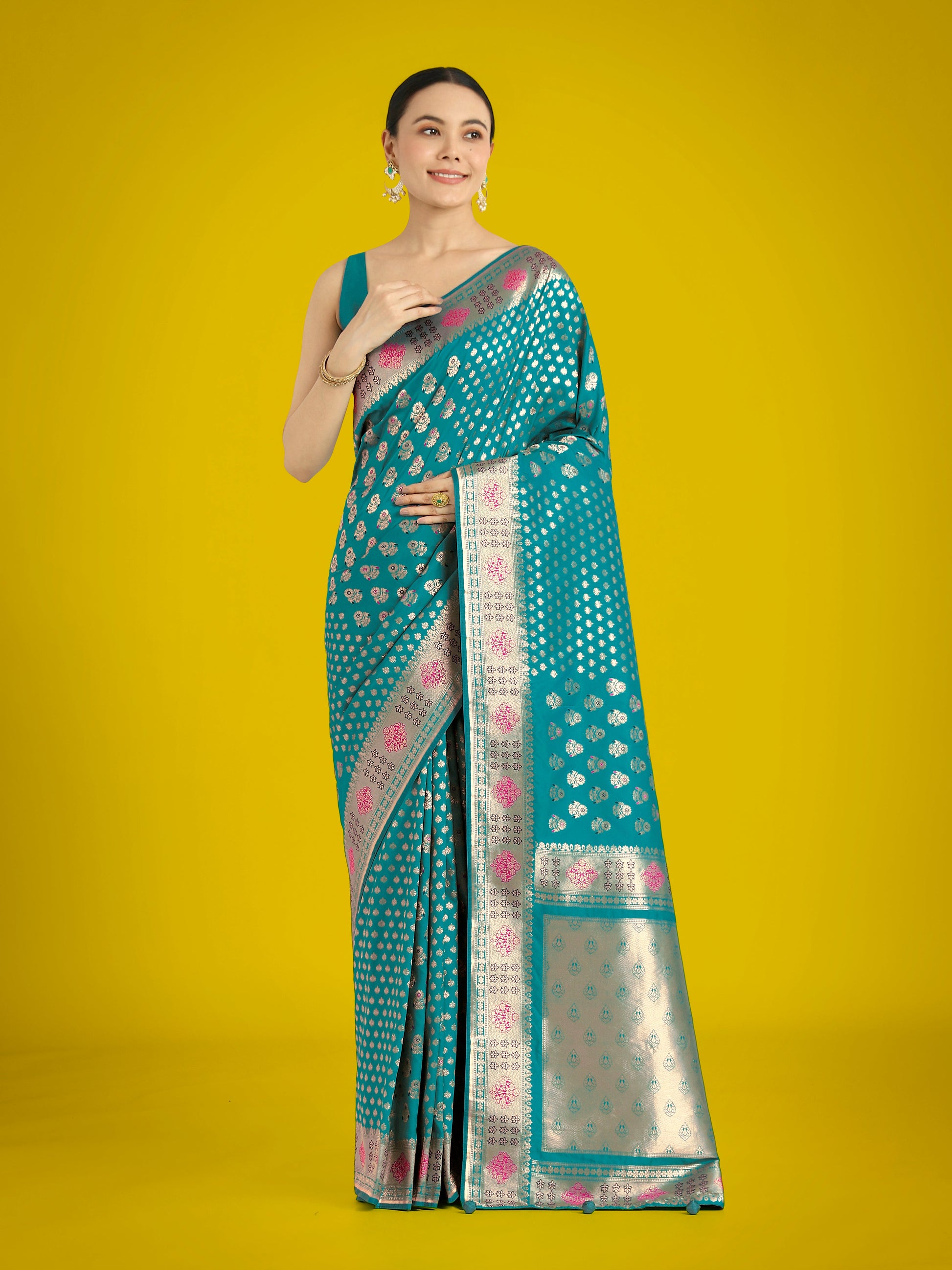 Monjolika Fashion Cyan blue Colour Banarasi Silk Zari Weaving Classic Saree | Swadesiicart