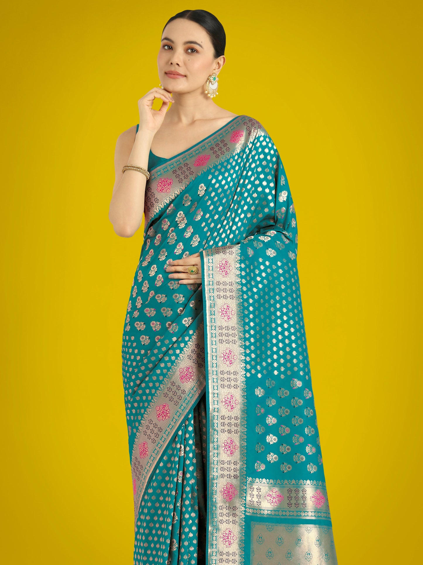 Monjolika Fashion Cyan blue Colour Banarasi Silk Zari Weaving Classic Saree | Swadesiicart