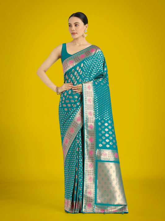 Monjolika Fashion Cyan blue Colour Banarasi Silk Zari Weaving Classic Saree | Swadesiicart