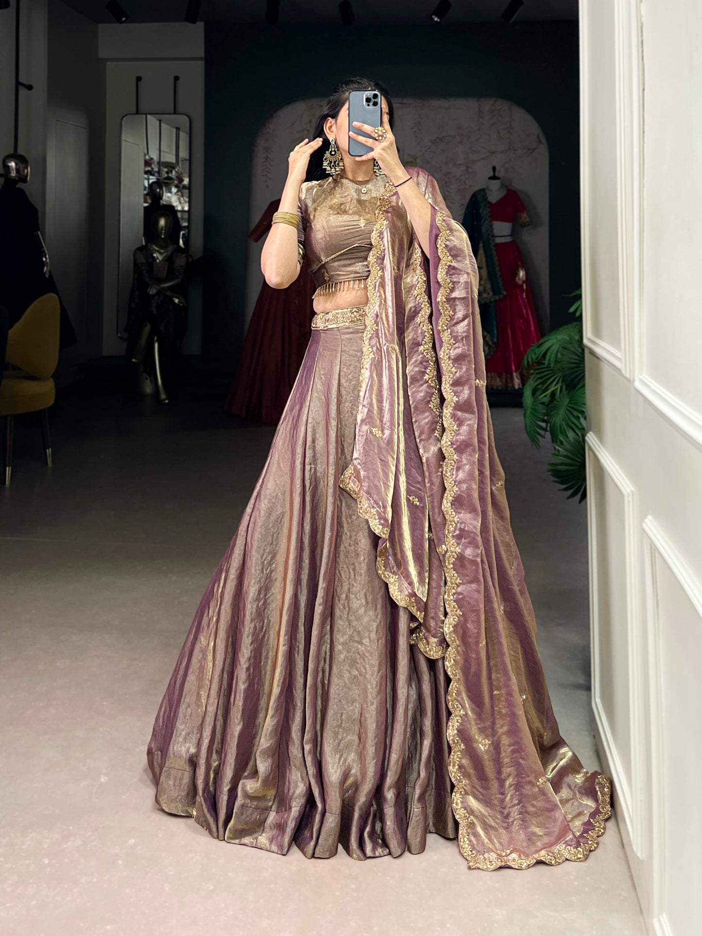 Lorenvalley Lavender Fendi Silk Sequins and Thread Embroidery Work Belt Lehenga Choli with Dupatta | Swadesiicart