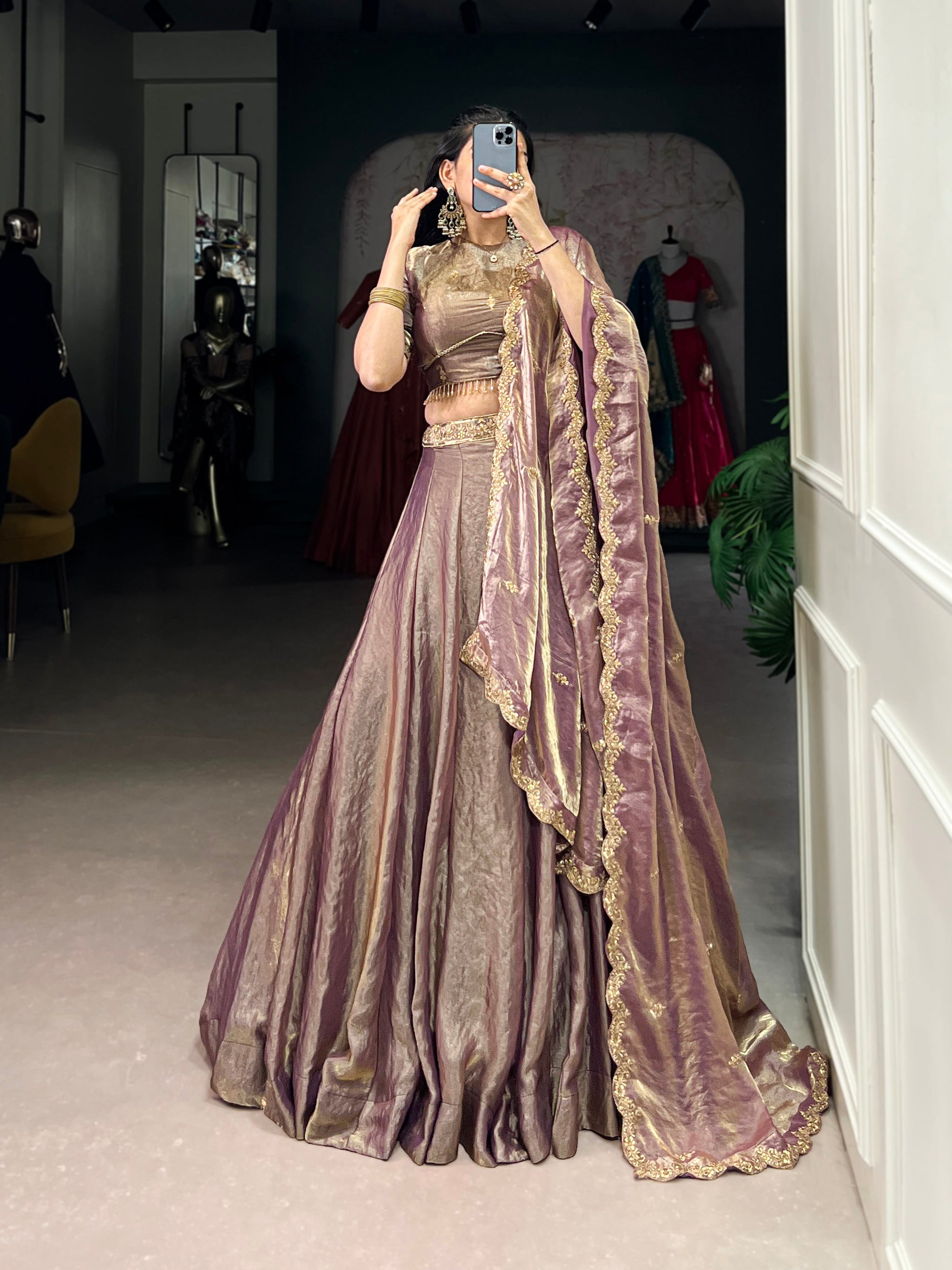 Lorenvalley Lavender Fendi Silk Sequins and Thread Embroidery Work Belt Lehenga Choli with Dupatta | Swadesiicart