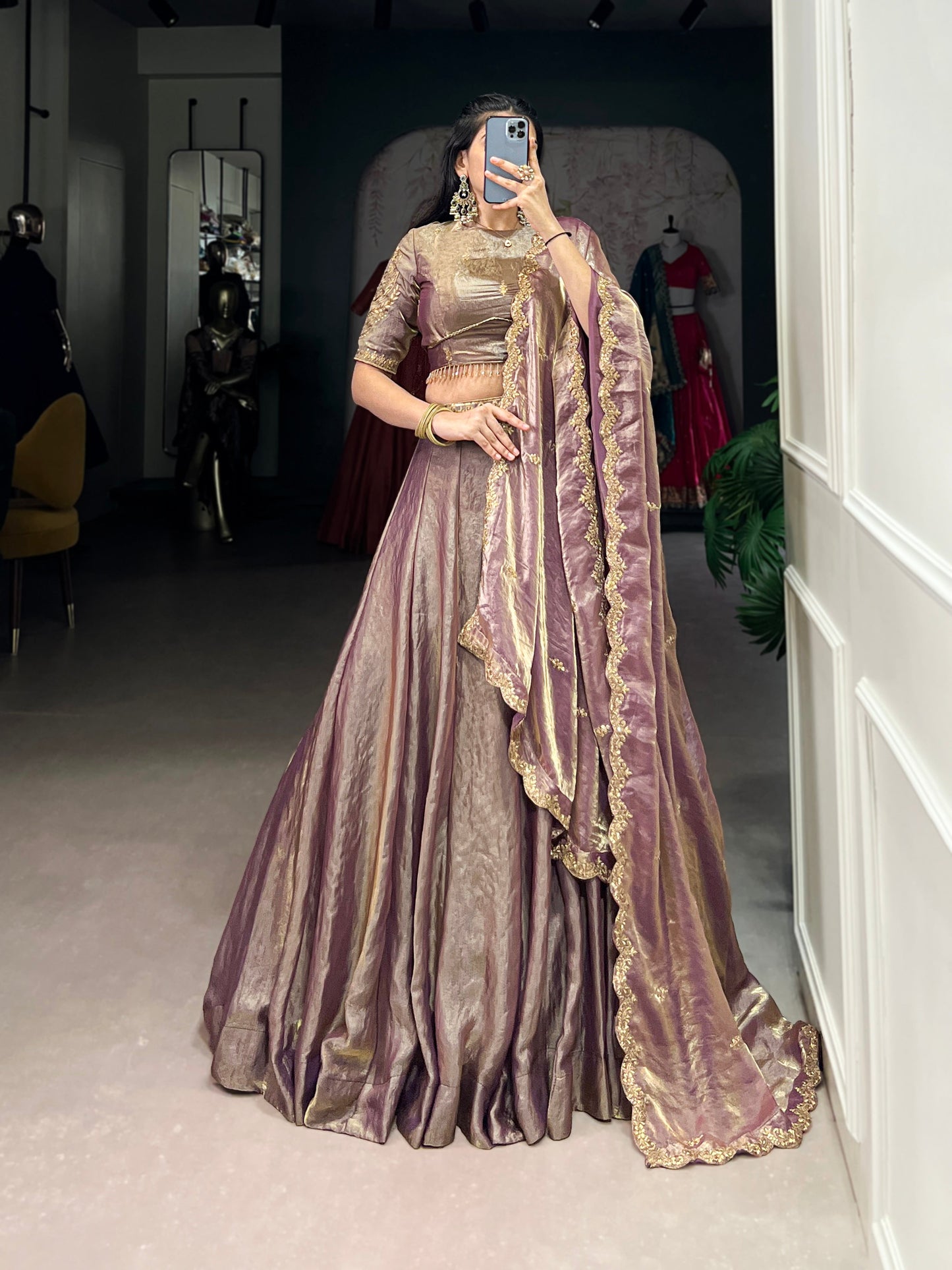 Lorenvalley Lavender Fendi Silk Sequins and Thread Embroidery Work Belt Lehenga Choli with Dupatta | Swadesiicart