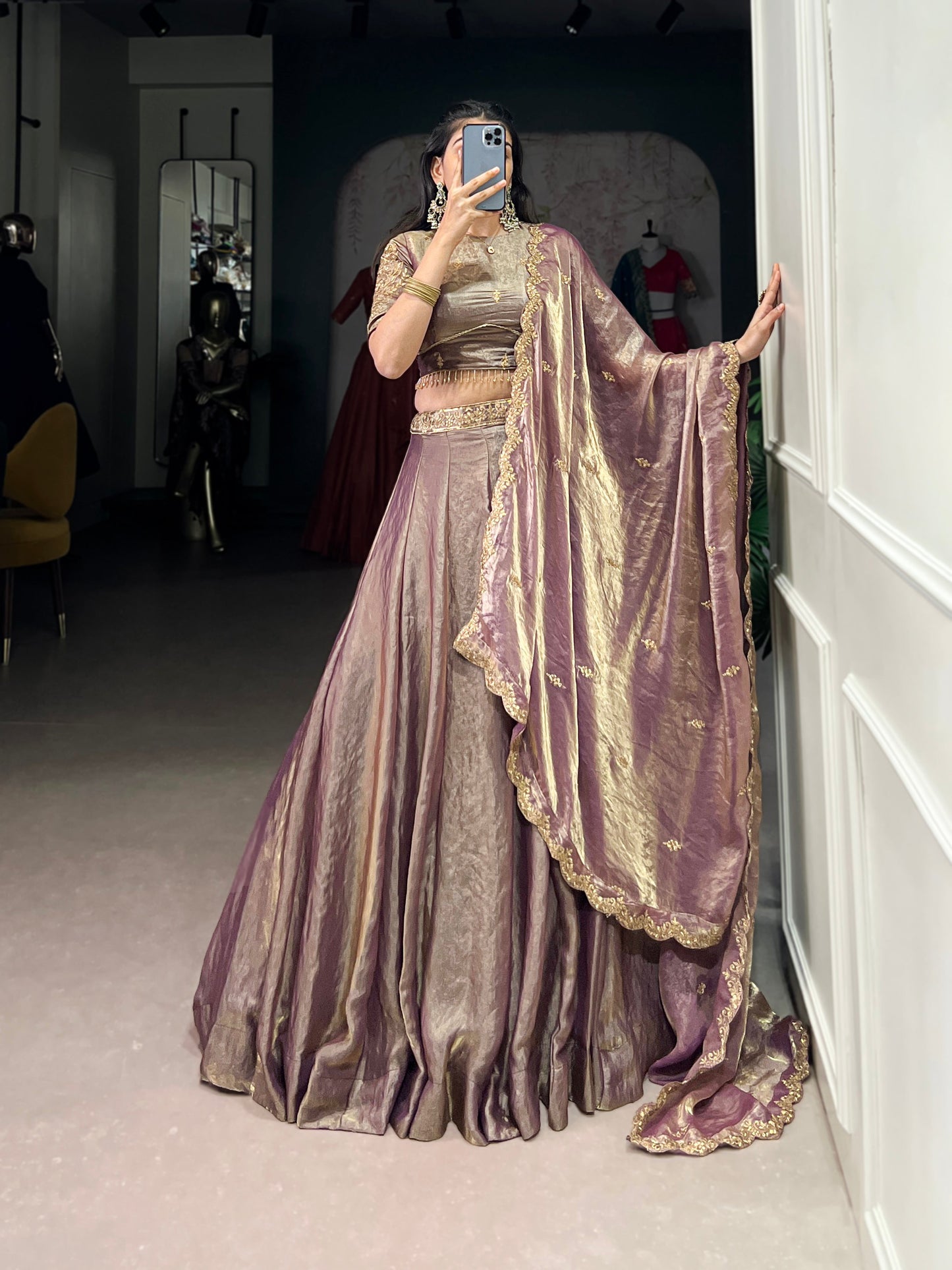 Lorenvalley Lavender Fendi Silk Sequins and Thread Embroidery Work Belt Lehenga Choli with Dupatta | Swadesiicart