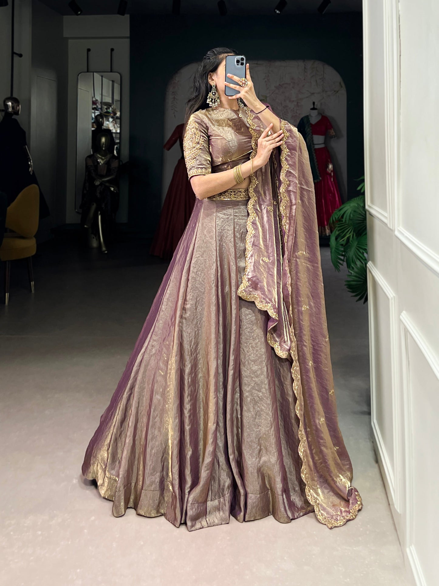 Lorenvalley Lavender Fendi Silk Sequins and Thread Embroidery Work Belt Lehenga Choli with Dupatta | Swadesiicart