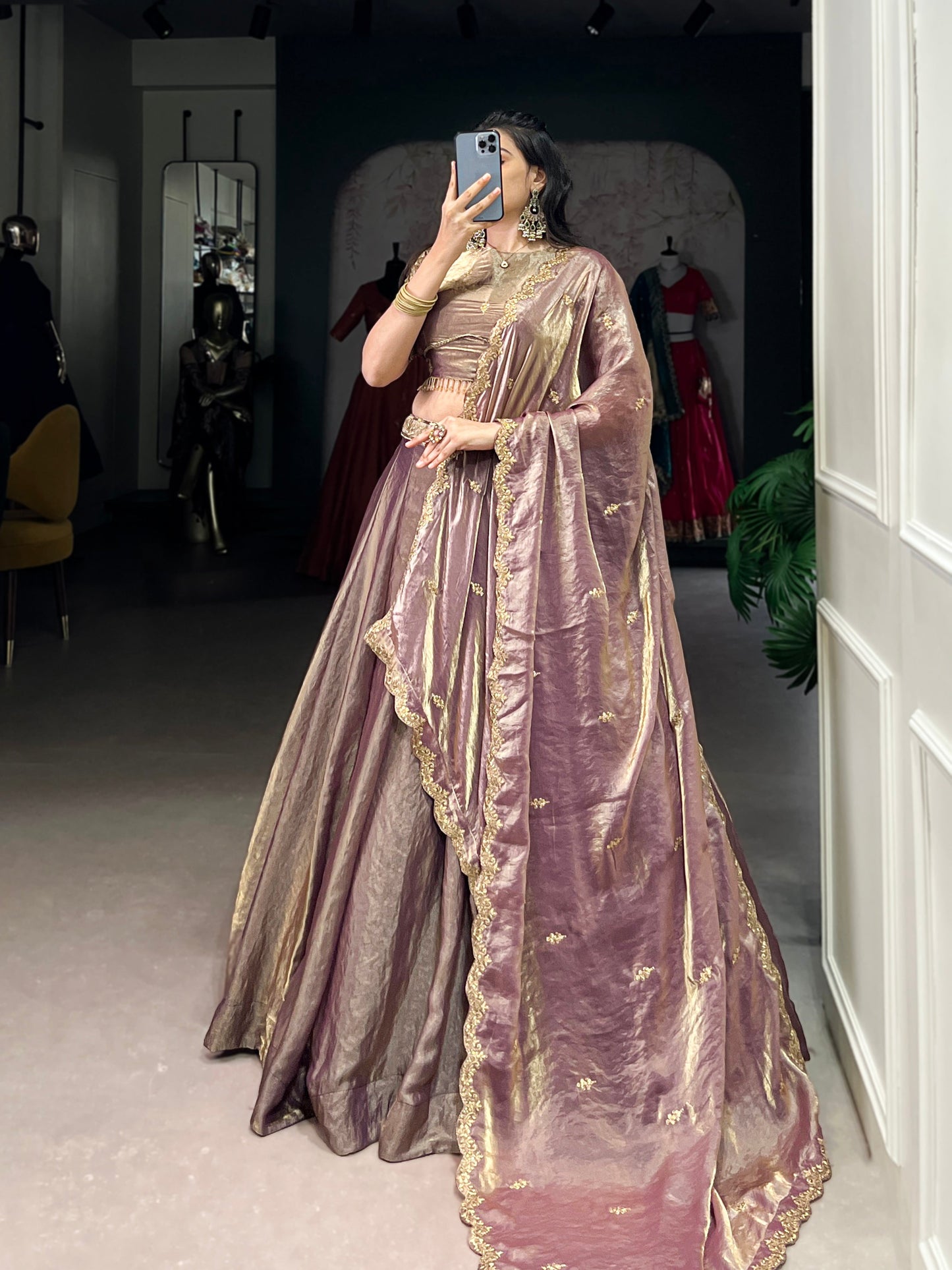 Lorenvalley Lavender Fendi Silk Sequins and Thread Embroidery Work Belt Lehenga Choli with Dupatta | Swadesiicart