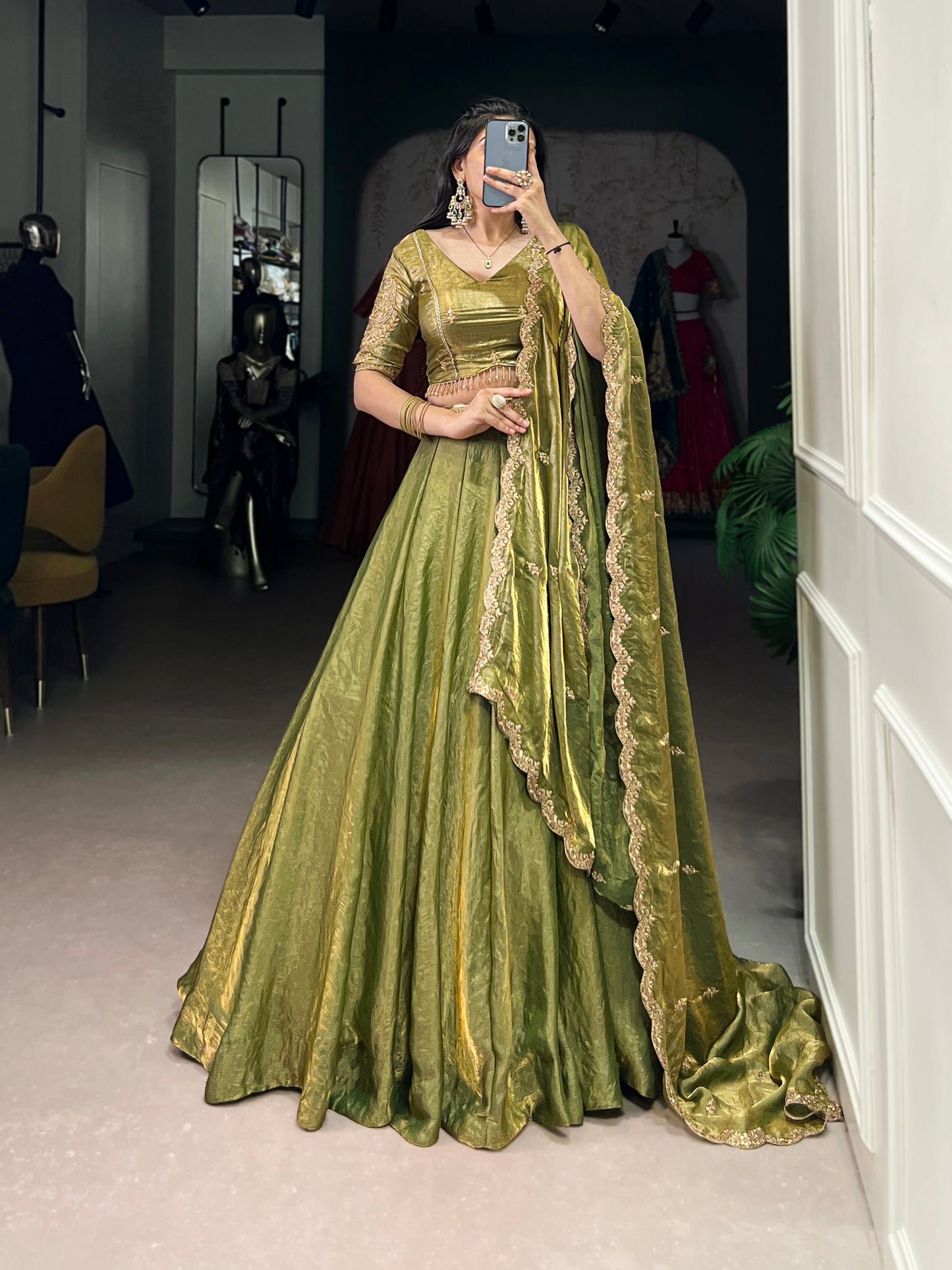 Lorenvalley Mahendi Fendi Silk Sequins and Thread Embroidery Work Belt Lehenga Choli with Dupatta | Swadesiicart