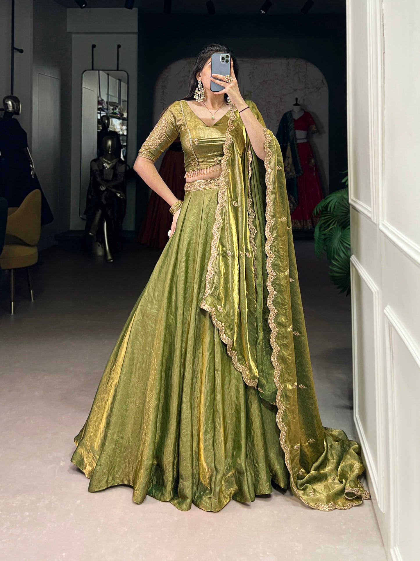 Lorenvalley Mahendi Fendi Silk Sequins and Thread Embroidery Work Belt Lehenga Choli with Dupatta | Swadesiicart