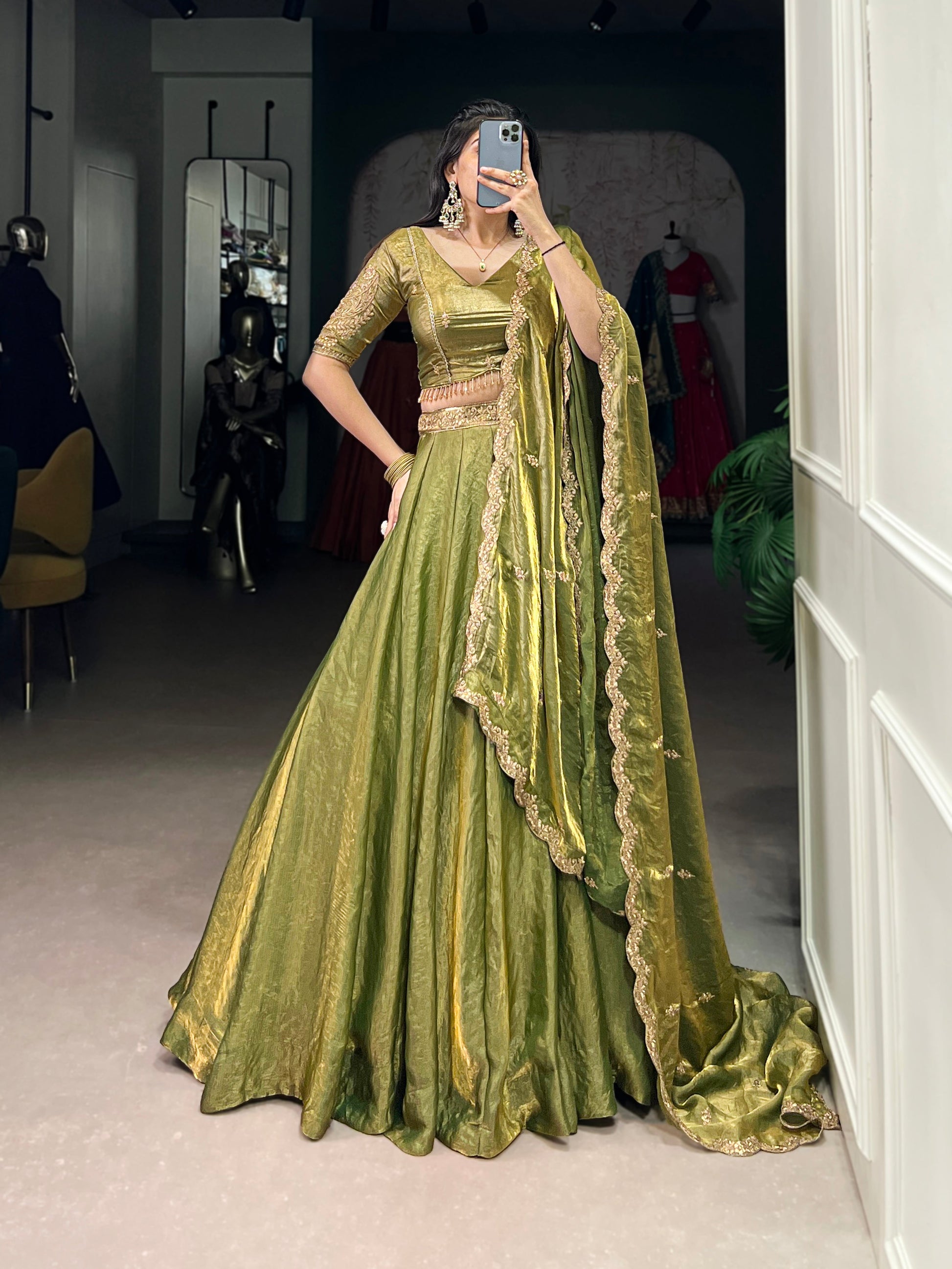 Lorenvalley Mahendi Fendi Silk Sequins and Thread Embroidery Work Belt Lehenga Choli with Dupatta | Swadesiicart