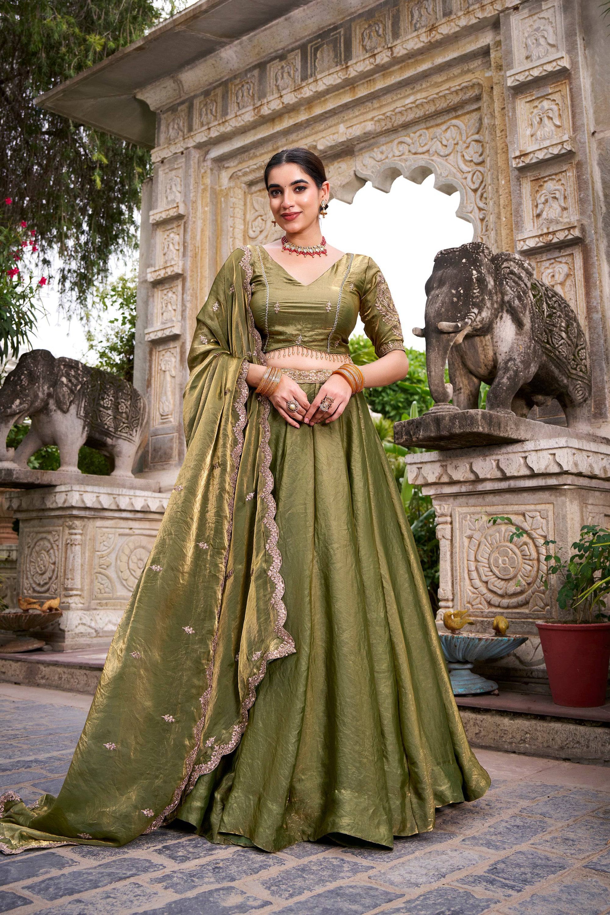 Lorenvalley Fashion Mahendi Fendi Silk Sequins and Thread Embroidery Work Belt Lehenga Choli with Dupatta - Swadesiicart