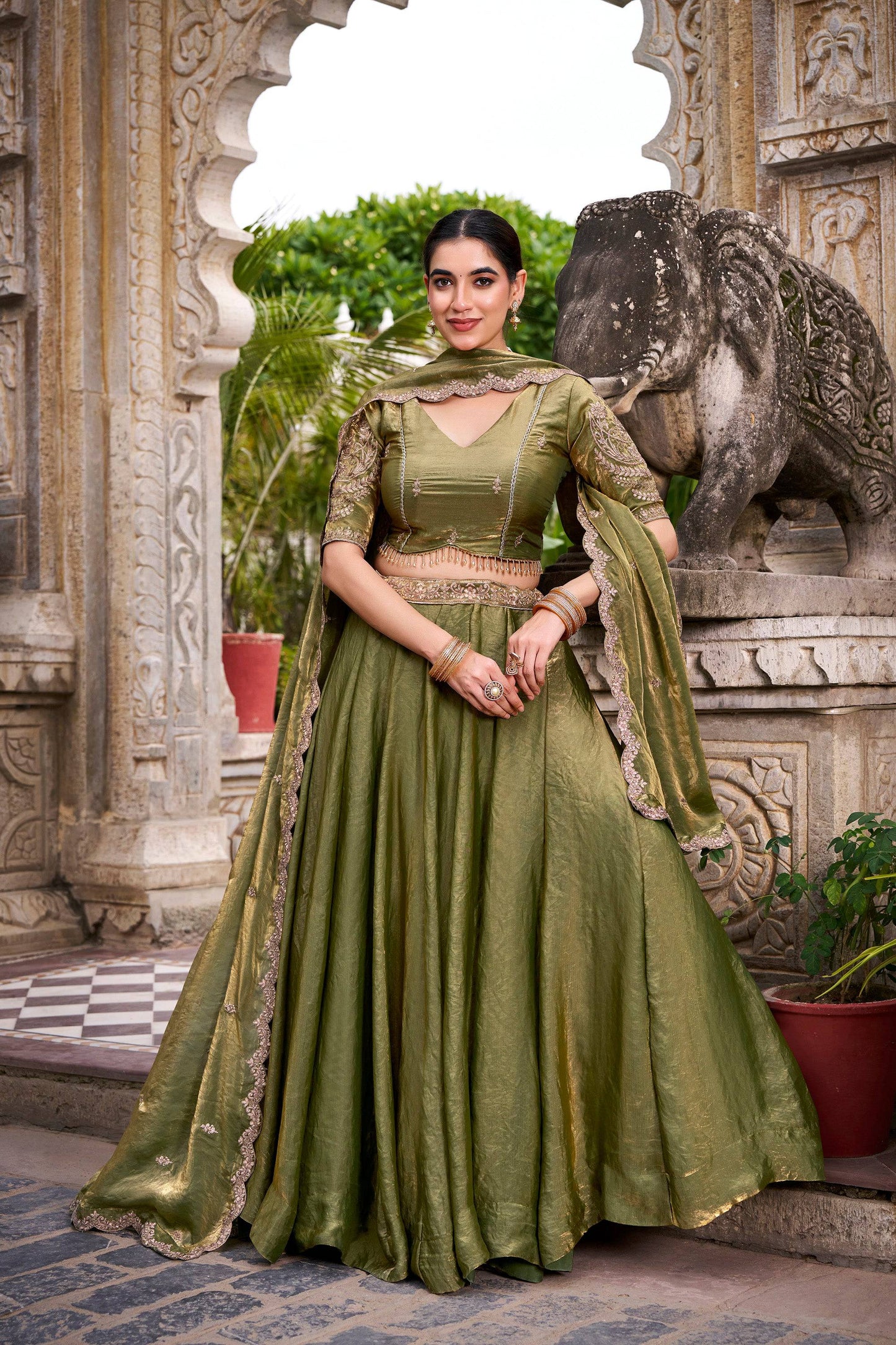 Lorenvalley Fashion Mahendi Fendi Silk Sequins and Thread Embroidery Work Belt Lehenga Choli with Dupatta - Swadesiicart