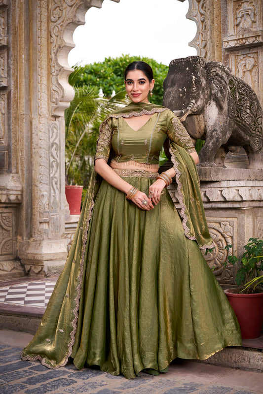 Lorenvalley Fashion Mahendi Fendi Silk Sequins and Thread Embroidery Work Belt Lehenga Choli with Dupatta - Swadesiicart