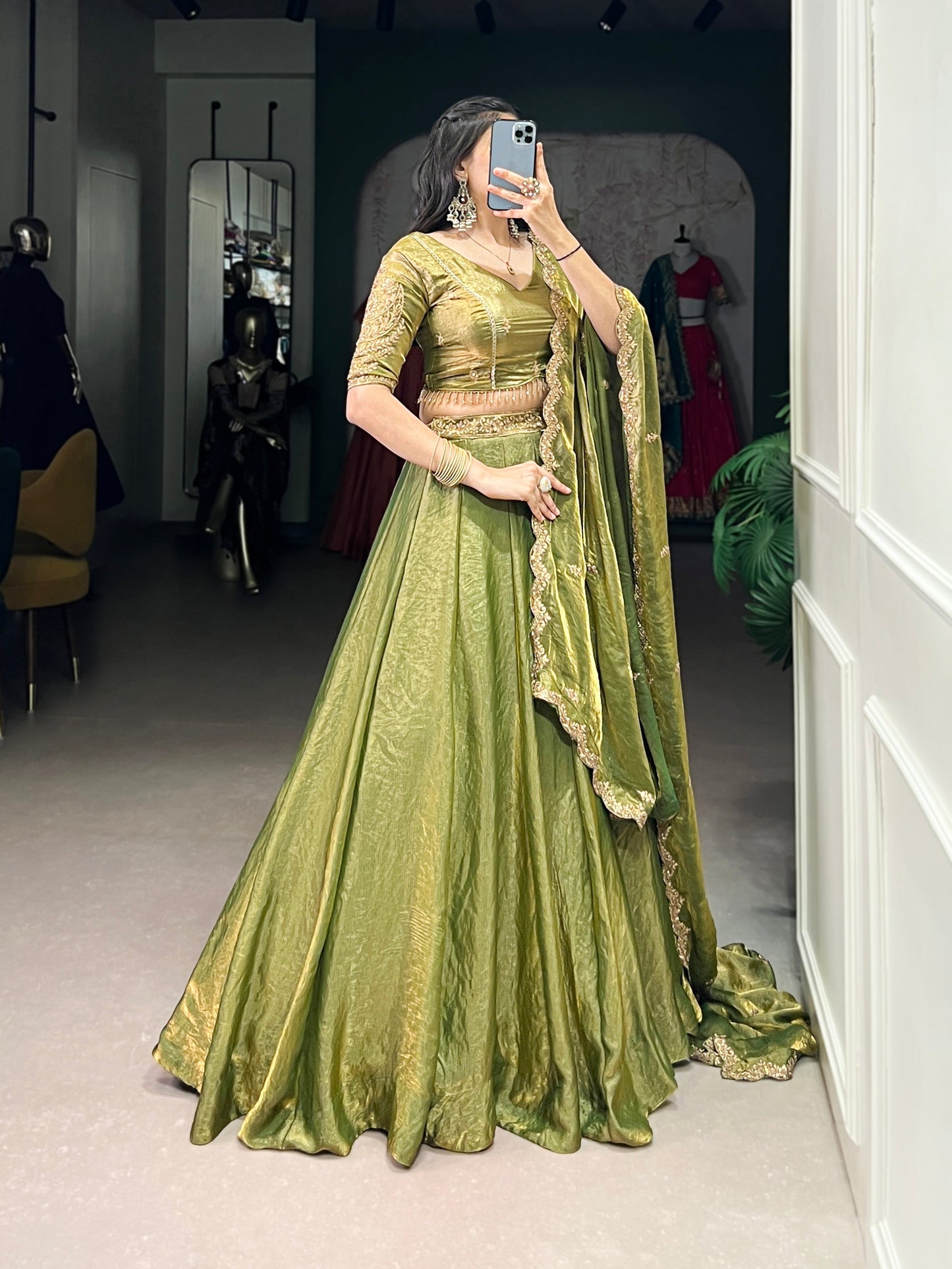 Lorenvalley Mahendi Fendi Silk Sequins and Thread Embroidery Work Belt Lehenga Choli with Dupatta | Swadesiicart