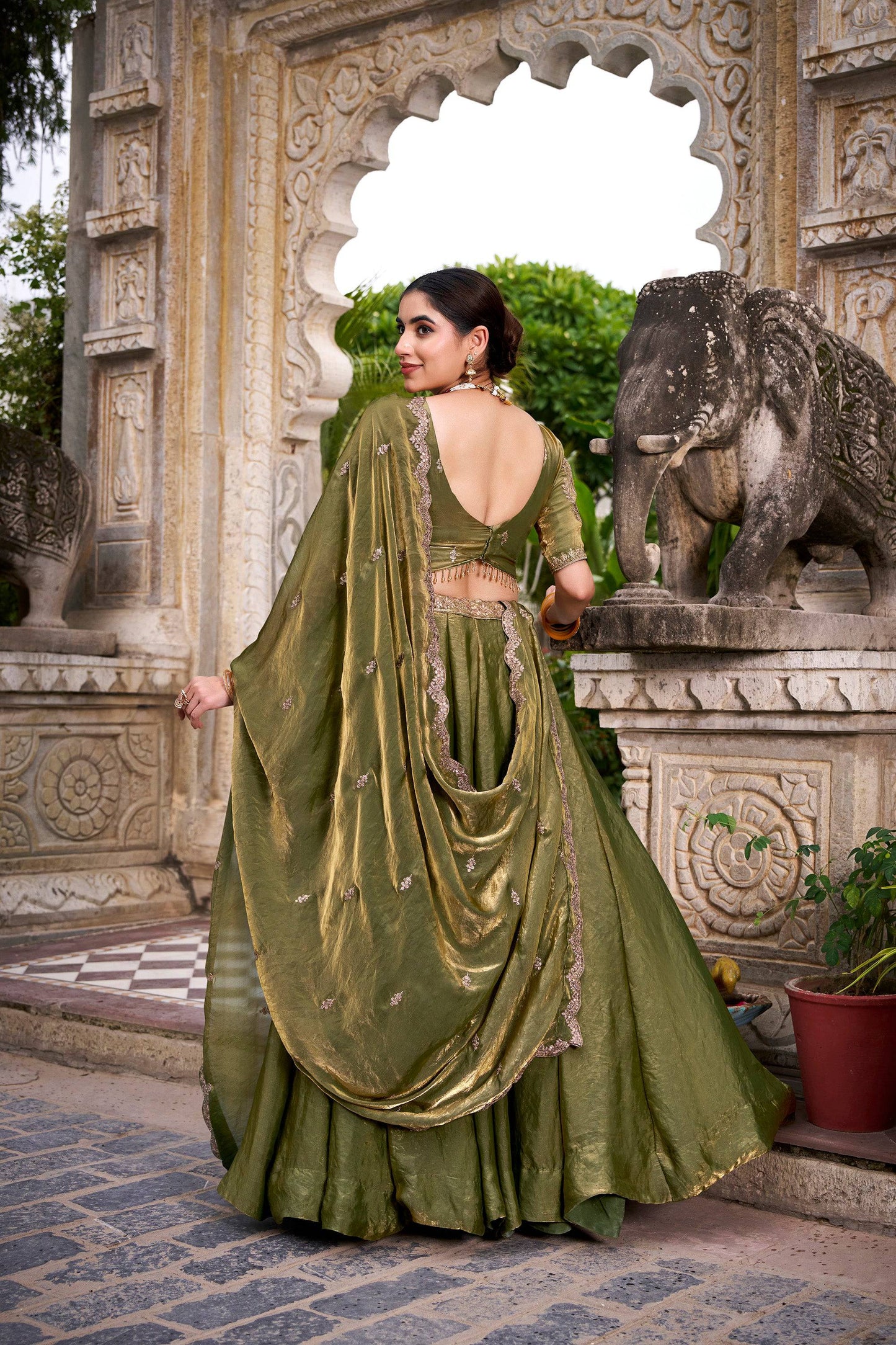 Lorenvalley Fashion Mahendi Fendi Silk Sequins and Thread Embroidery Work Belt Lehenga Choli with Dupatta - Swadesiicart