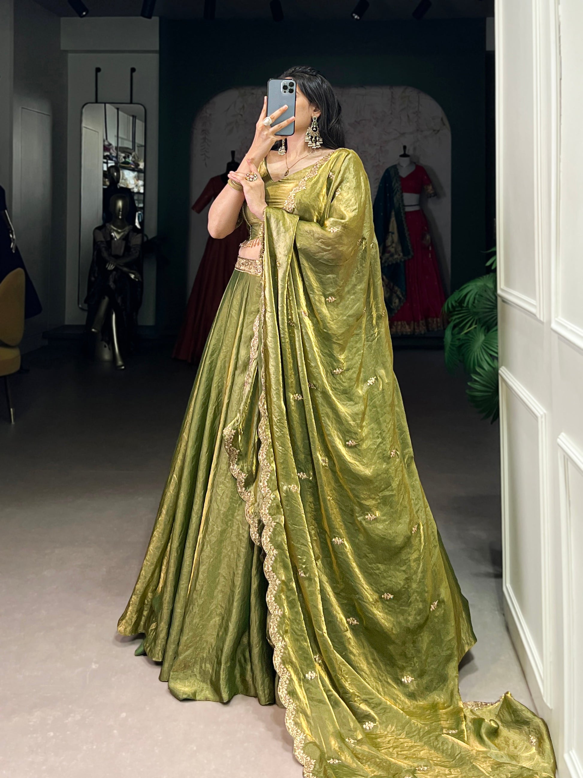 Lorenvalley Mahendi Fendi Silk Sequins and Thread Embroidery Work Belt Lehenga Choli with Dupatta | Swadesiicart