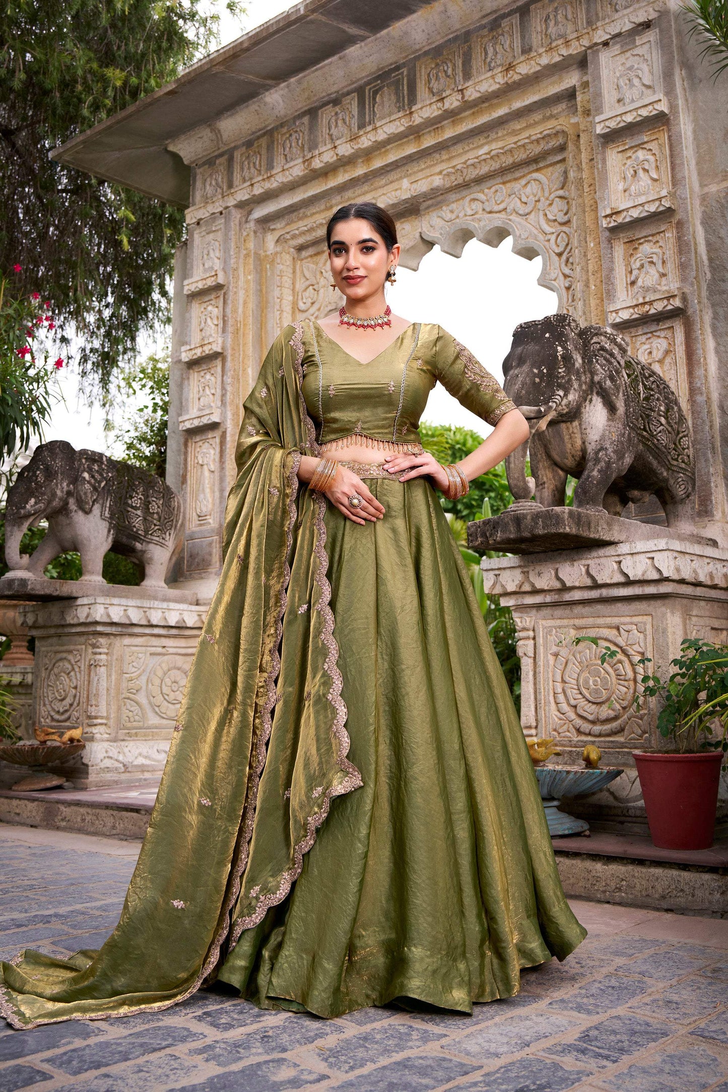Lorenvalley Fashion Mahendi Fendi Silk Sequins and Thread Embroidery Work Belt Lehenga Choli with Dupatta - Swadesiicart