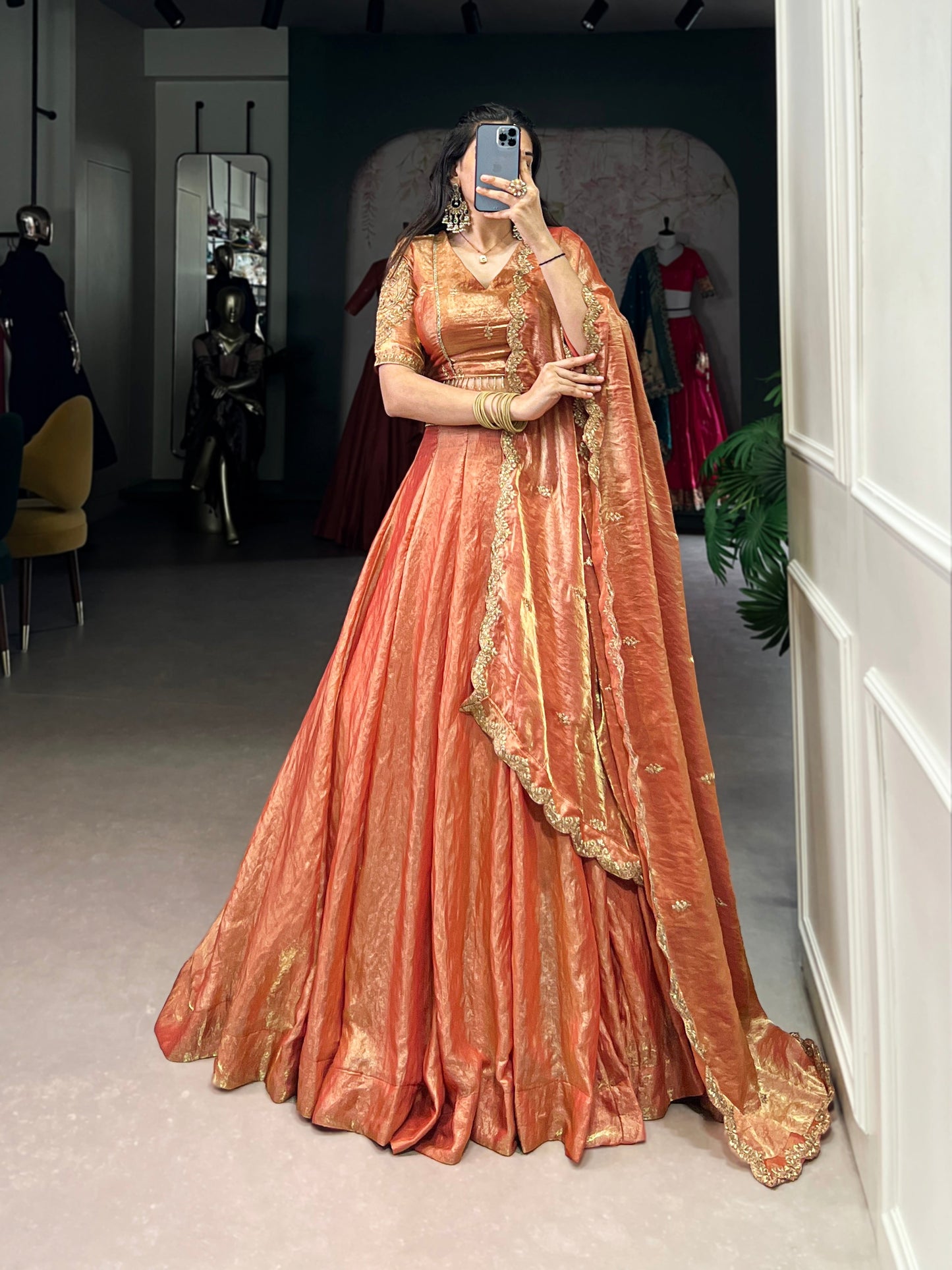 Lorenvalley Rosegold Fendi Silk Sequins and Thread Embroidery Work Belt Lehenga Choli with Dupatta | Swadesiicart