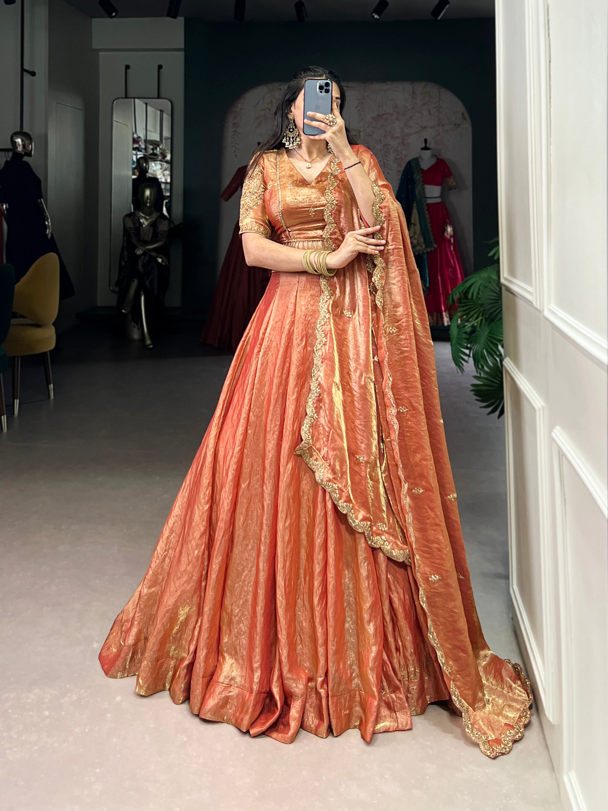 Lorenvalley Rosegold Fendi Silk Sequins and Thread Embroidery Work Belt Lehenga Choli with Dupatta | Swadesiicart