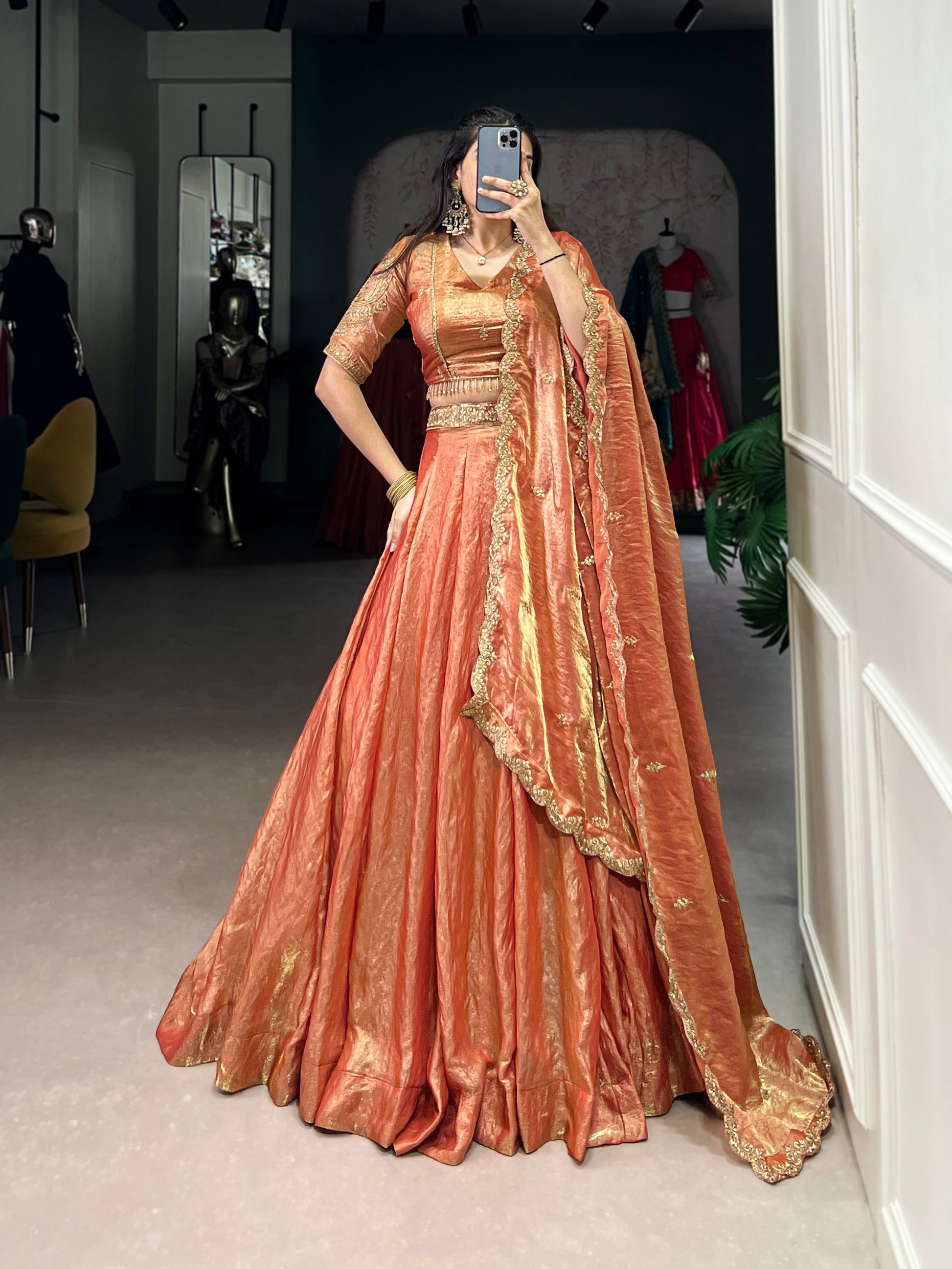 Lorenvalley Rosegold Fendi Silk Sequins and Thread Embroidery Work Belt Lehenga Choli with Dupatta | Swadesiicart